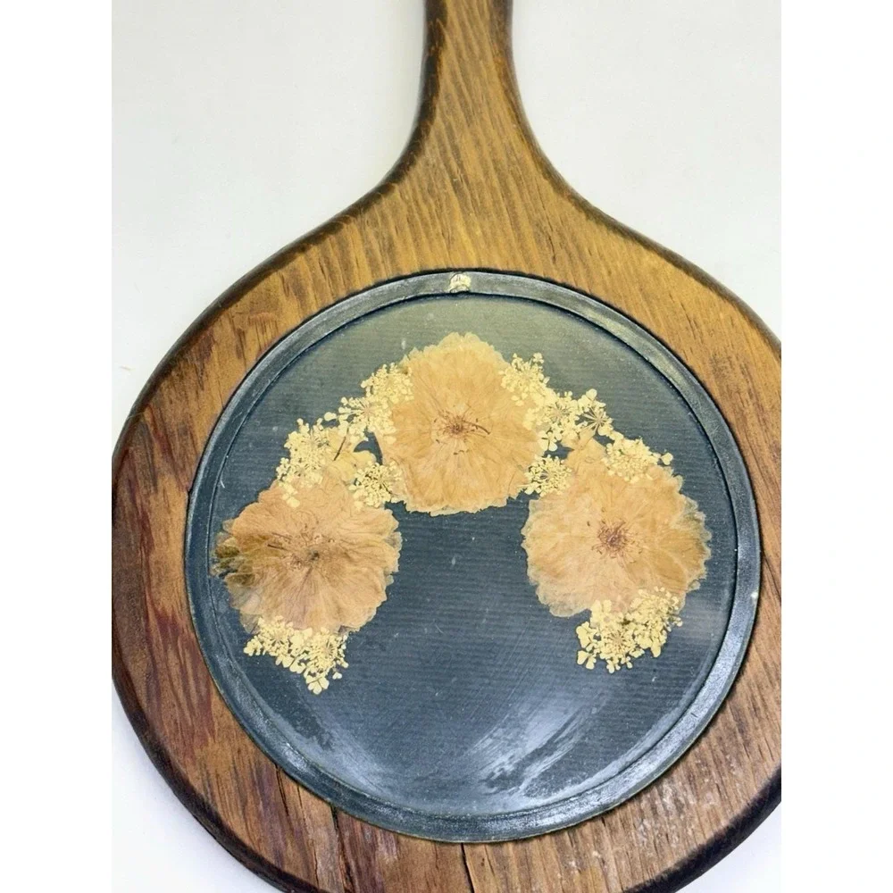 Wooden Hand Held Mirror W/ Pressed Flowers Round Vanity Dresser Handle